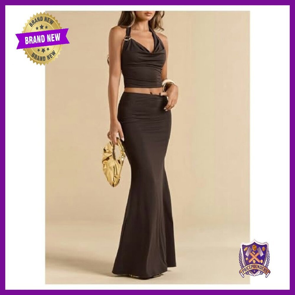 Women's Two Piece Set Halter Top Maxi Skirt Party Outfit - Picture 3 of 6
